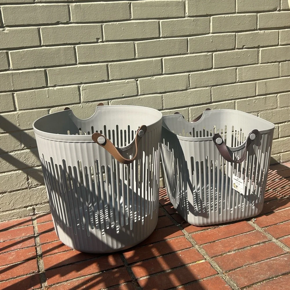 Japandi Scandinavian Modern Slotted Laundry Basket Leather Handles New Gray Tote